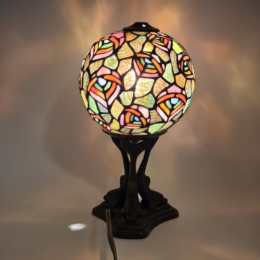 Vintage Stained Slag Glass Table Lamp Tiffany Style Round Dome Sphere